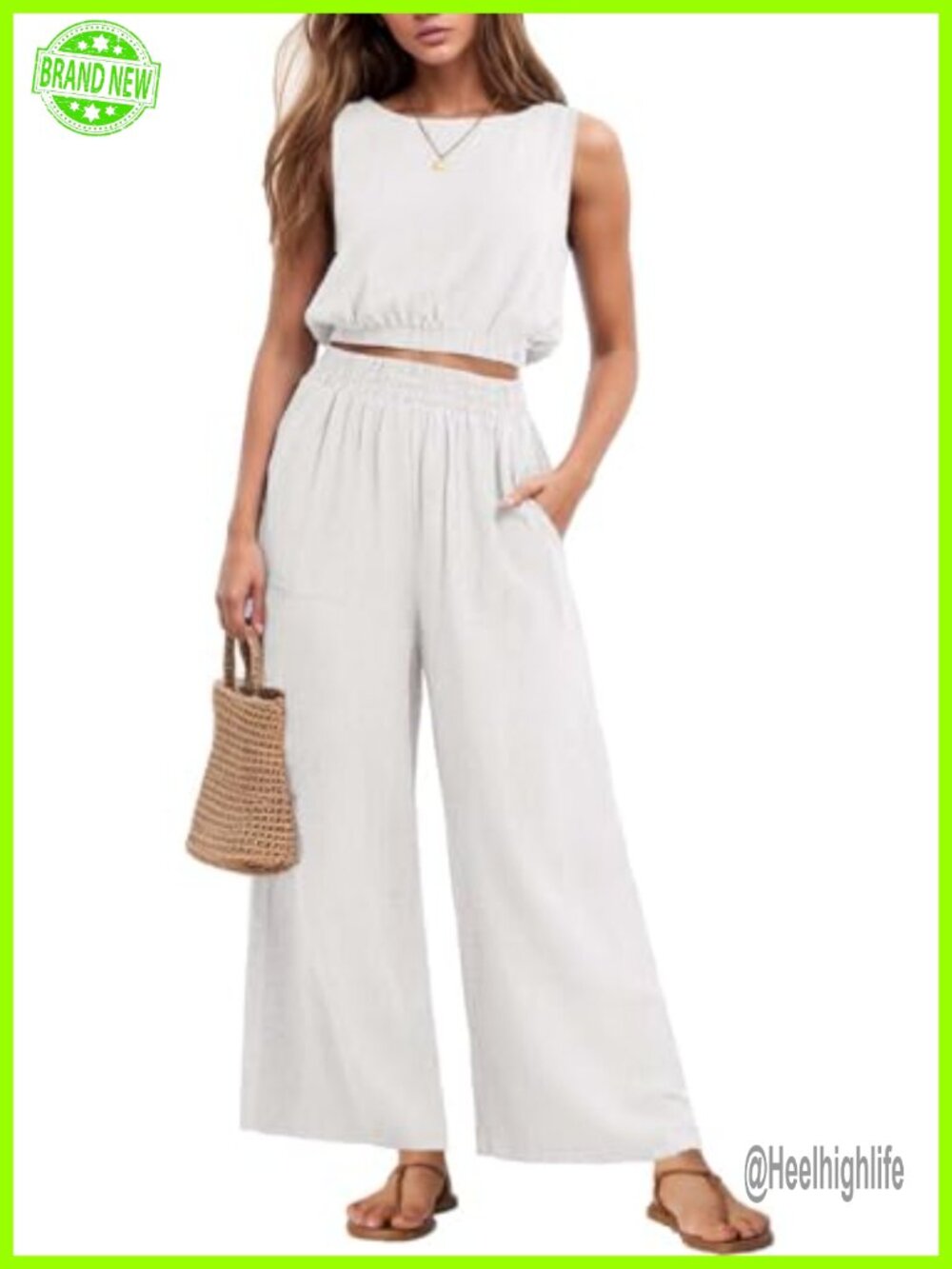 Two Piece Set Sleeveless Crop Top Wide Leg Pants 100% Polyester